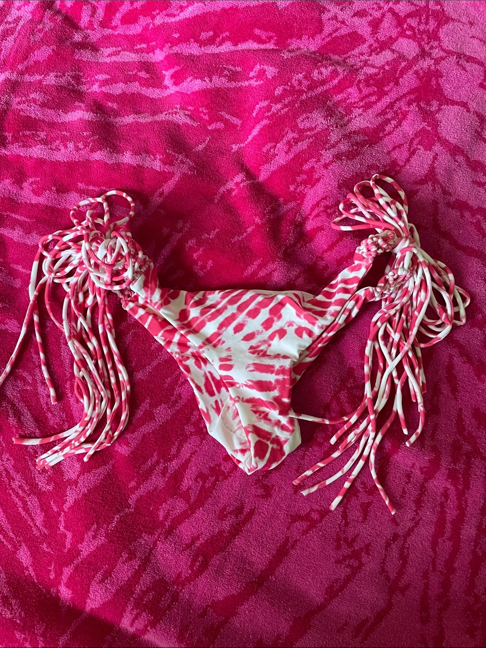 Mikoh Hot Pink and White Tie-Dye Bikini Top with macrame fringe tie sides.